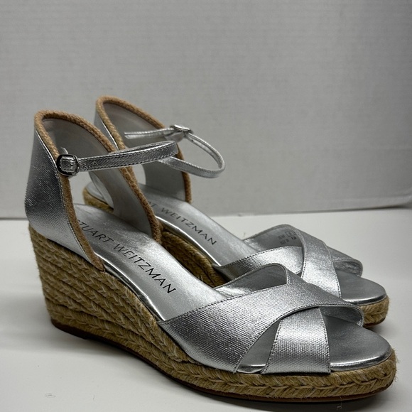 Stuart Weitzman Mirela II Espadrille Wedges Heeled Sandals Leather Silver 9.5 - Picture 1 of 10